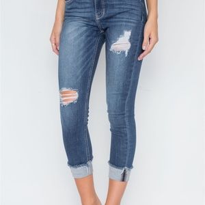 Dark Denim Cuffed Hem Skinny Jeans